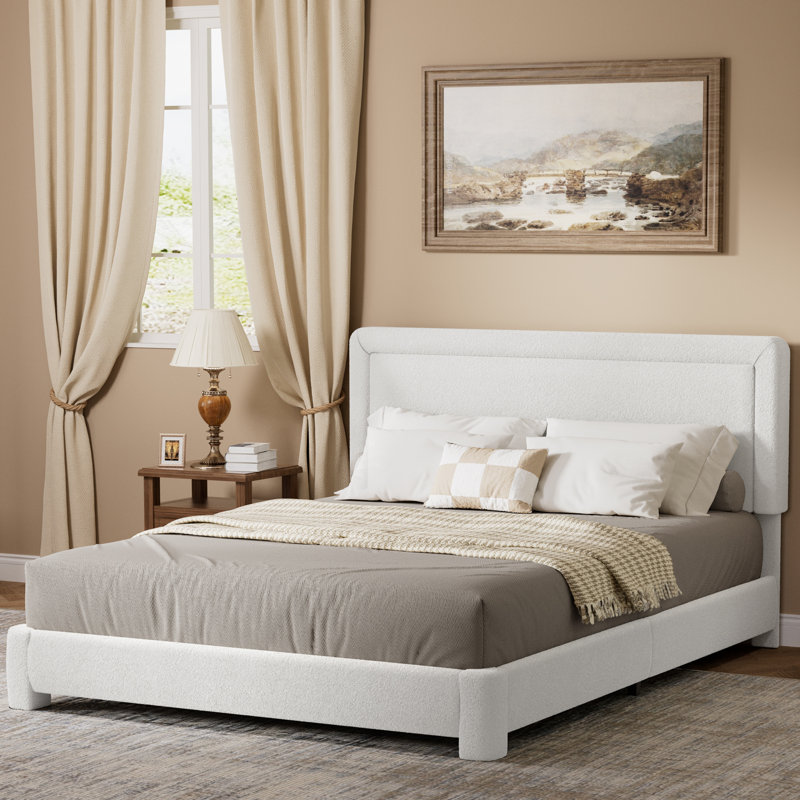 Boucle Bed Frame,Upholstered Bed Frame With Headboard, Surface Cover Soft Cloud Bed Frame Easy Assembly, No Box Spring Required