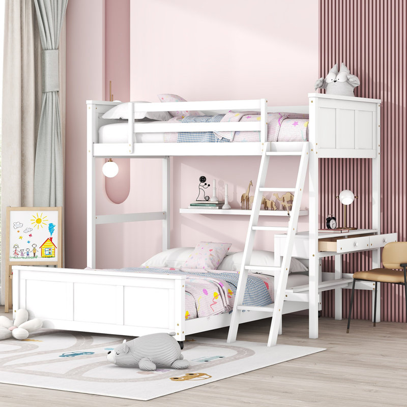 Lit superposé avec bureau, Jumeaux sur complet, Blanc