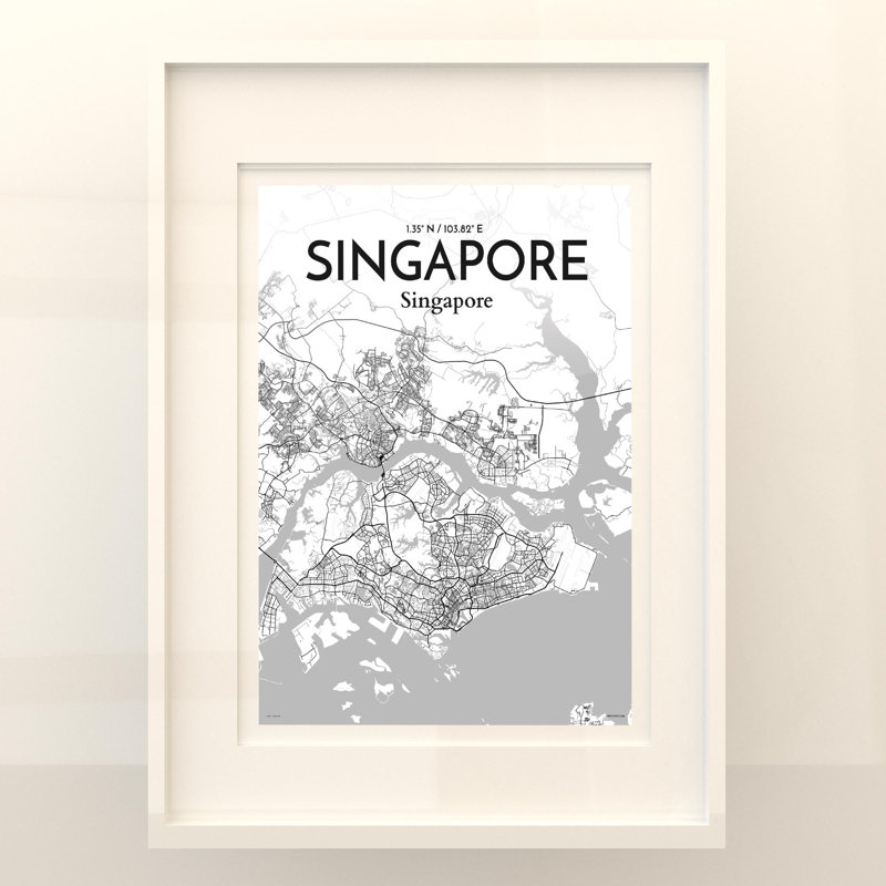 Carte de la ville de Singapour, impression, Gris / blanc, H 24 po x l 18 po