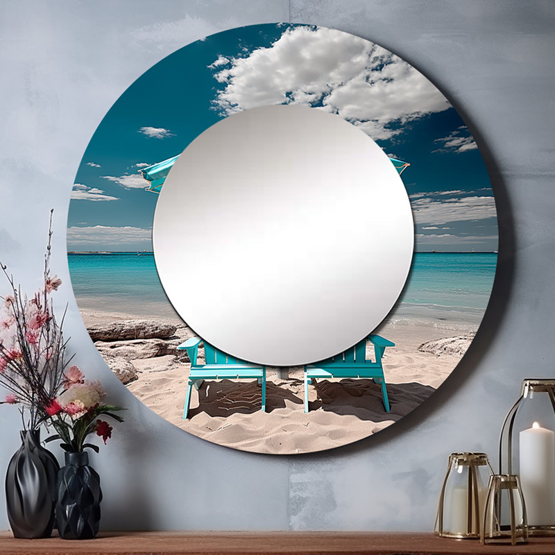 Beach Sandy Escape Chairs - grand miroir mural plage, miroir décoratif rond turquoise, impression d'art en métal