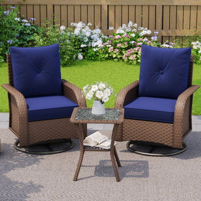 3-Piece Outdoor all Weather Rattan Swivel Rocker Chair, Patio Conversation Set with Side Table and Cushions