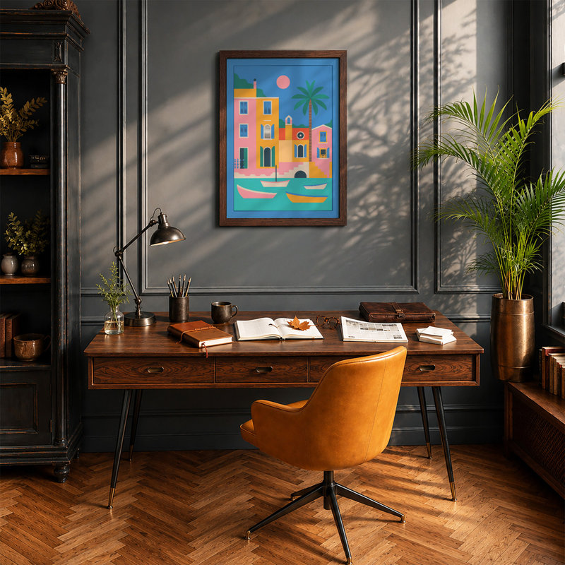 Seaside Town at Dusk Coastal - Framed Print, A2 - 59.4 x 42.0 cm, Walnut