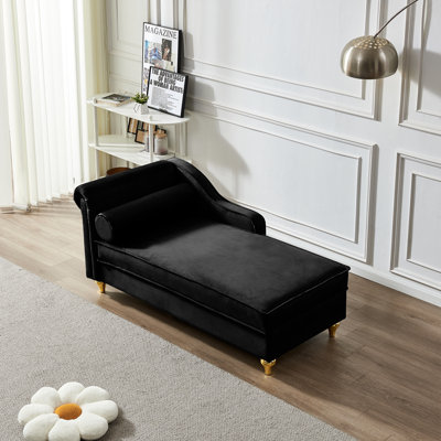 Méridienne moderne avec rangement, revêtement en velours, pieds en métal doré et coussin rond pour la chambre à coucher et le salon