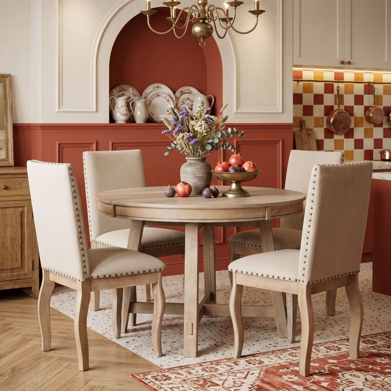Ensemble de table de salle à manger 5 pièces en bois avec rallonge amovible et 4 chaises rembourrées, Bois naturel délavé