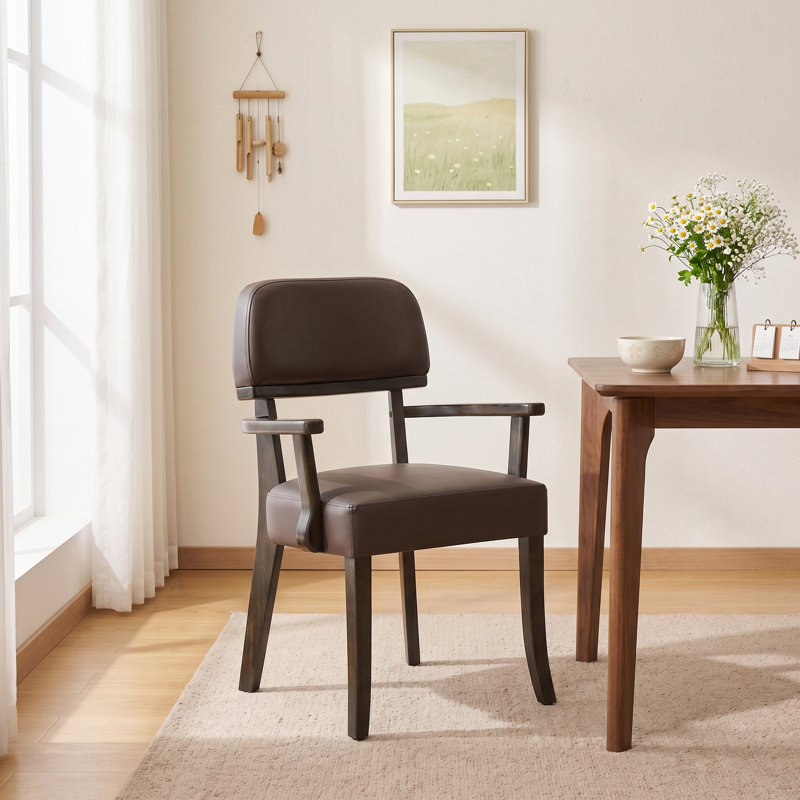 Faux Leather Upholstered Solid Wood Dining Chair With Arms, Brown Faux Leather