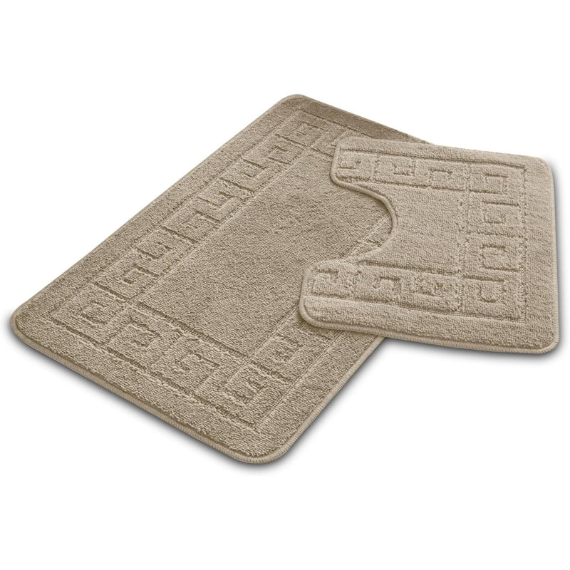 Bath Mat Set 2 Piece Machine Washable For Bathroom, Jacquard Greek Non Slip Quick Dry Shower Rugs & Bathtub Mats, Mocha