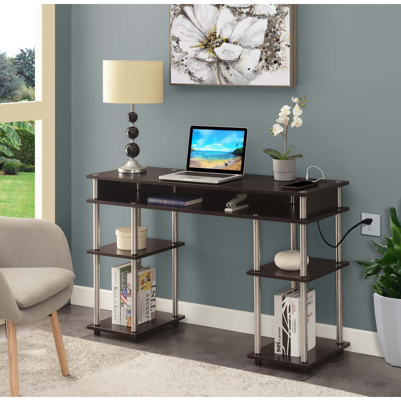 Edwin No Tools Computer Desk with Built-In Outlets, Espresso