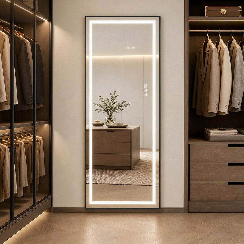 Miroir pleine longueur à DEL à intensité variable, cadre noir, 65 po H × 21 po L, utilisable en mode autoportant, appuyé ou fixé au mur