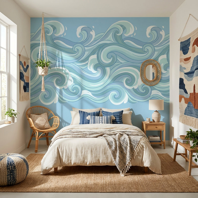 Papier peint vagues abstrait océan, 120" x 96", Peler et coller