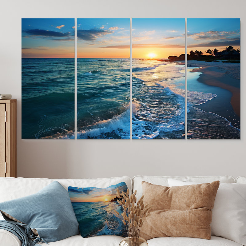«Tranquil Shores Sunset Beach Horizon II - Coastal Beach», art mural 4 pièces, H 32 po x l 64 po