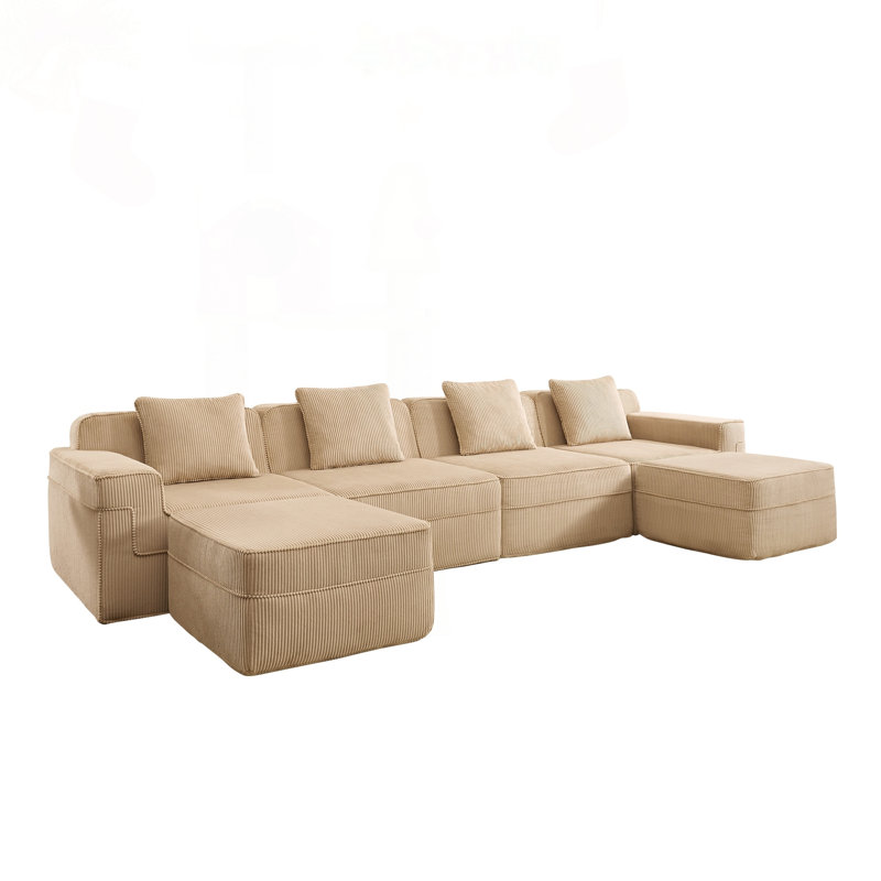 Canapé modulaire en U à 4 places avec tissu en velours côtelé et deux repose-pieds mobiles, Camel