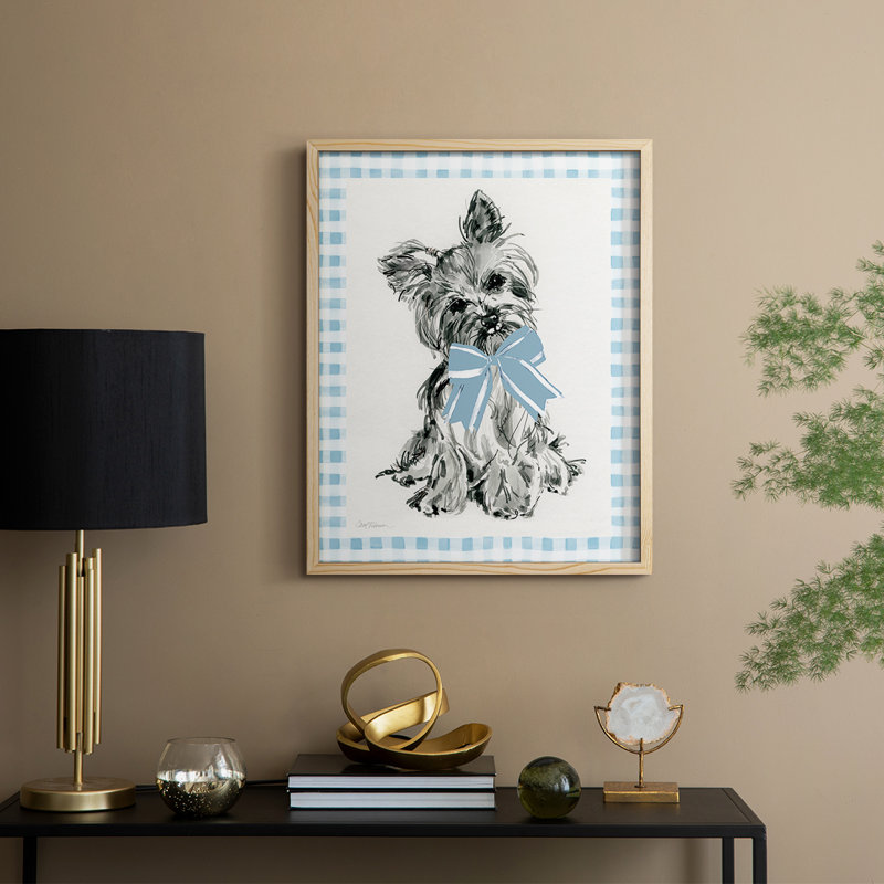 «Blue Bow Yorkie», reproduction encadrée - bois massif, H 21 po x l 17 po, Naturel