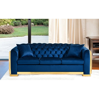 Ensemble de canapé Chesterfield en velours de luxe, canapé 3 places capitonné de 84 pouces avec tissu en acier inoxydable doré pour le salon