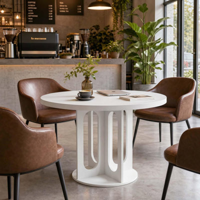 Table de salle à manger ronde de 47 po pour 4 à 6 personnes, table de cuisine à piédestal avec base en croix et découpes en arche ouverte, 4 options de couleur pour la salle à manger, blanc