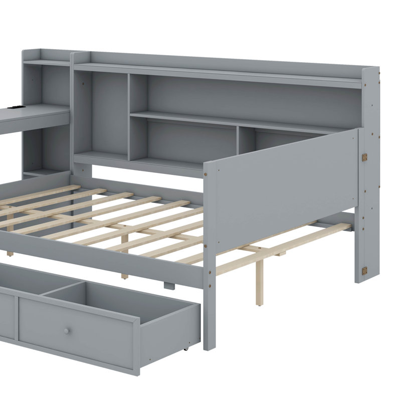 Lit de jour en bois avec tiroirs, ports USB et bureau, Lit double, Gris