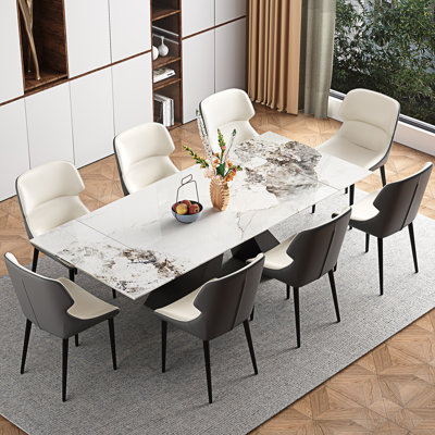 Ensemble de table de salle à manger 9 pièces avec table de salle à manger extensible en pierre frittée de 63 à 94,5 po et 8 chaises à oreilles en similicuir