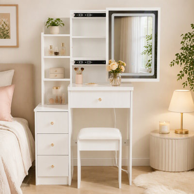 Coiffeuse compacte de 74 cm (29,2 po) avec miroir à DEL et tabouret rembourré, miroir tactile à luminosité réglable (3 couleurs), grand espace de rangement, meuble de chevet gauche