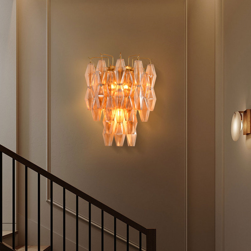 3-Light Dimmable Flush Mounted Wall Sconce with Amber Glass (Bulbs Included), Gold