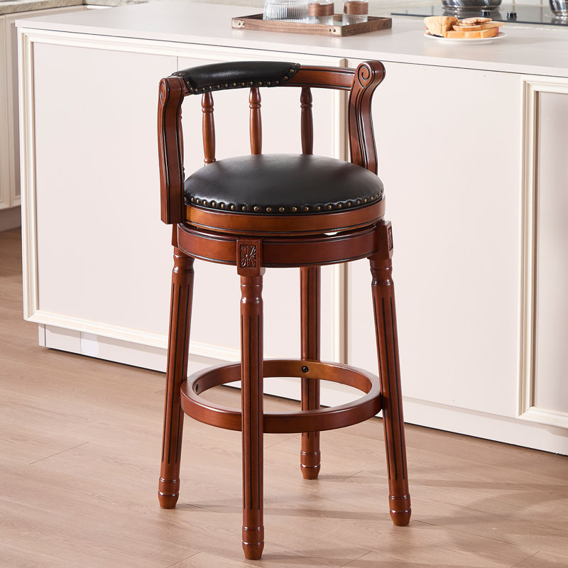 Swivel Bar Stool with Top-Grain Leather Seat, Hollow Back Design, Solid Wood Frame & Footrest for Kitchen, Dining, or Living Room