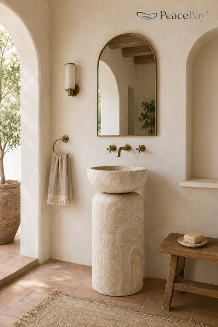 Travertine stone pedestal sink with brass wall-mounted faucet and arched gold-rimmed mirror in a Mediterranean-style bathroom.