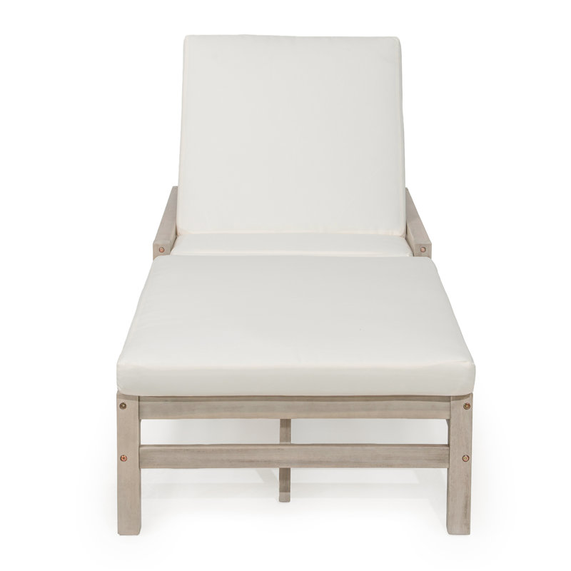 Adjustable Outdoor Chaise Lounge, Solid Wood Patio Recliner Chair With Thick Cushions, 1