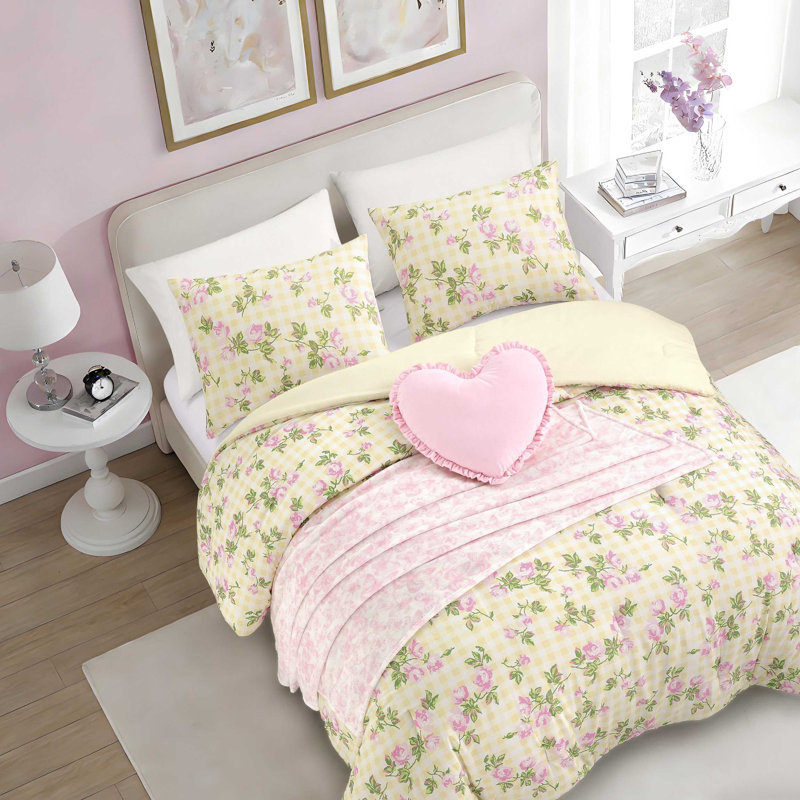 Ensemble d'édredon réversible jaune Betsey Johnson Gingham Rose, Édredon grand + 4 pièces supplémentaires inclus, Jaune