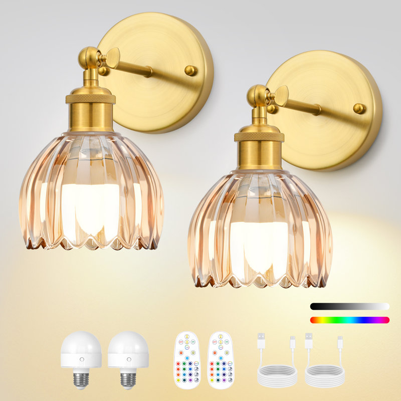 Battery Operated Tulip Wall Sconce Set Of 2 With Remote & Bulb, Dimmable Wireless Rechargeable Wall Lights (3 Color Temp & 12 Rgb) For Bedroom Living Room Hallway
