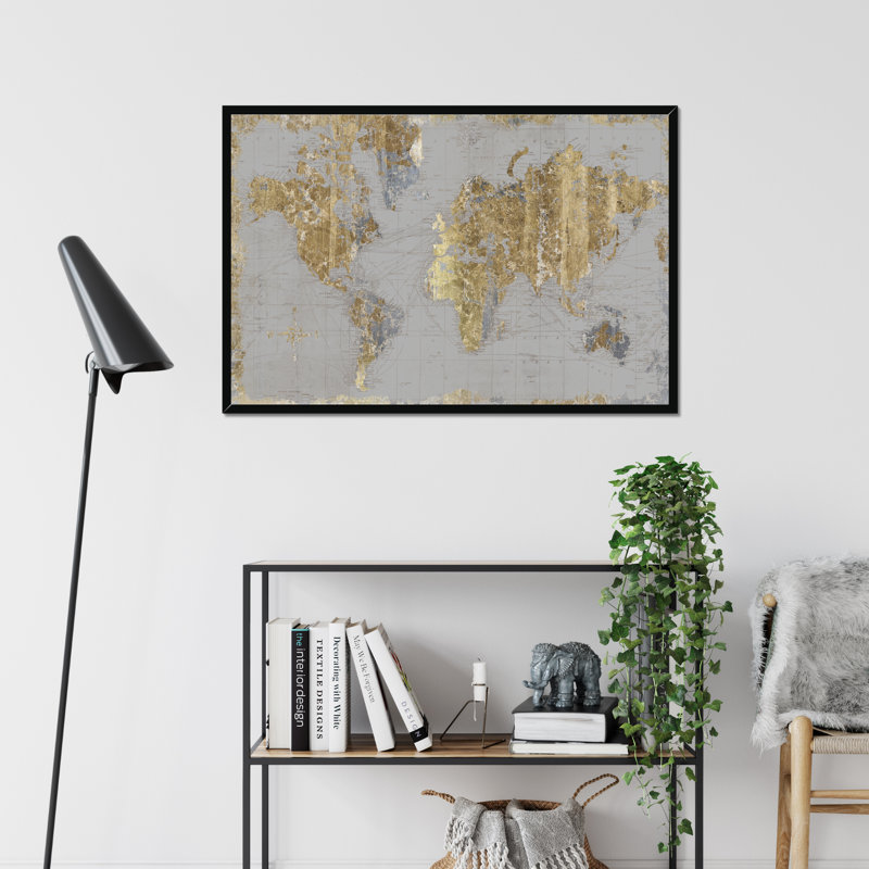 Gilded Map Light Grey by Wild Apple Portfolio - Print, 34cm H x 50cm W, Black Framed Paper Print