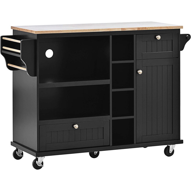 Îlot de cuisine avec plateau en bois manufacturé Aroush, Noir