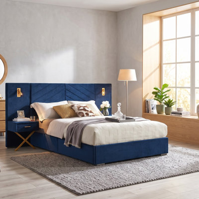 Velvet Upholstered Bed Frame with Vertical Channel Tufted Wingback Headboard