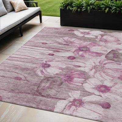 Tapis intérieur lavable floral 5 pi x 8 pi rose