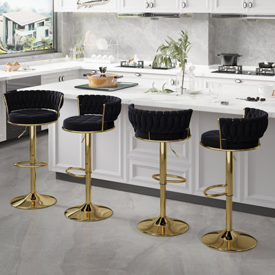 Ensemble de 4 tabourets de bar George avec dossier rembourré en velours tissé, tabourets de comptoir réglables en hauteur, tabourets de cuisine pivotants pour îlot de cuisine, bar, noir