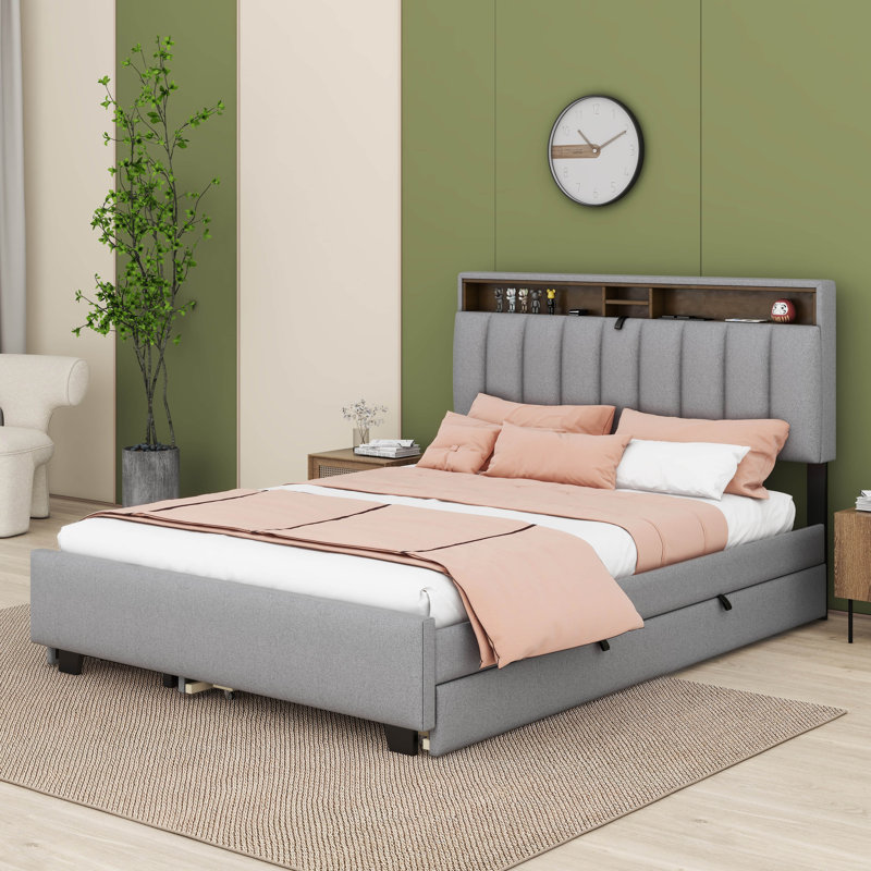Full Size Upholstered Platform Bed With Storage Headboard, Grey, Full
