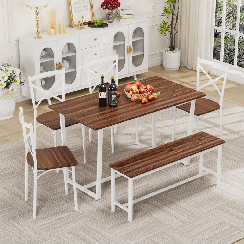 Ensemble table et chaises avec dossier, style industriel, structure solide, 6 pièces: table, banc, 4 chaises