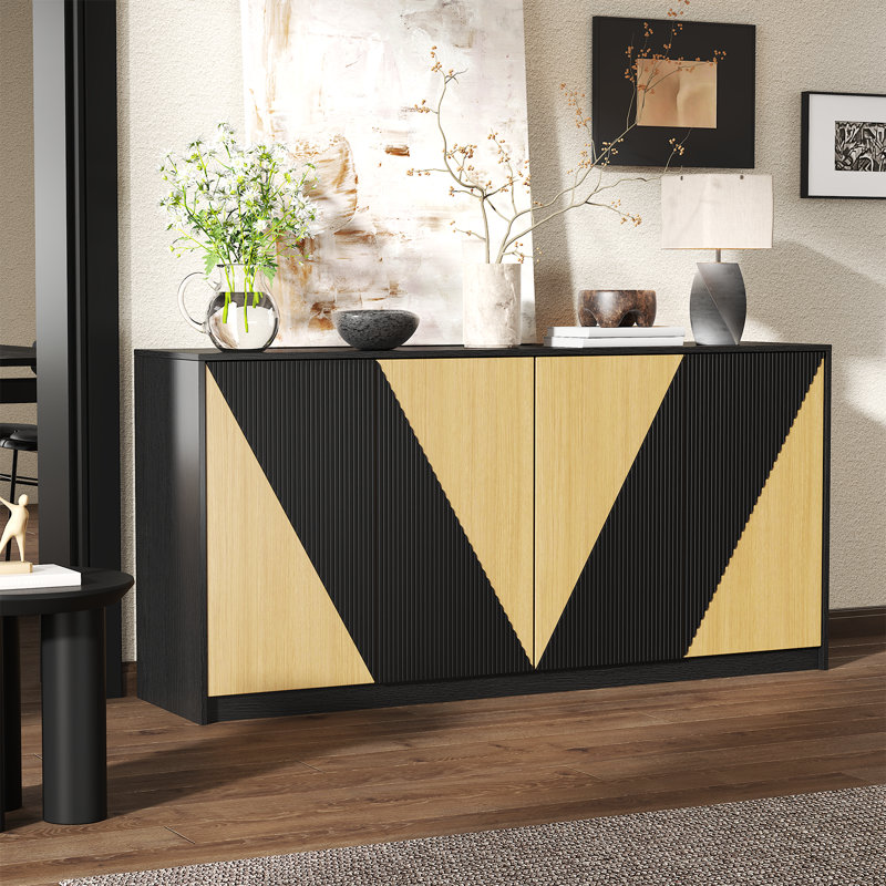 65" Sideboard Buffet Cabinet With Storage, Adjustable Shelf, Oak/Black