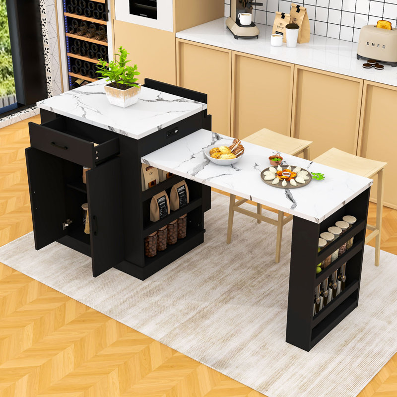 Élégant îlot de cuisine avec comptoir extensible, prises de courant, rangement spacieux et tablettes ouvertes, Noir