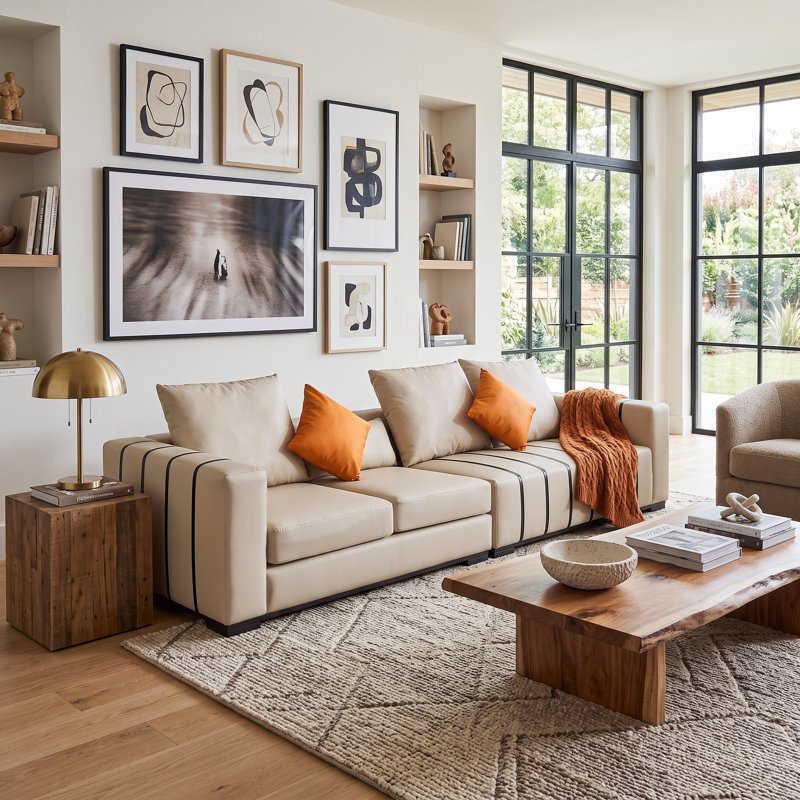  Wrought Studio™ 118" Modern Oversized Cream Faux Leather Sofa with Black Striped Details and Toss Pillows