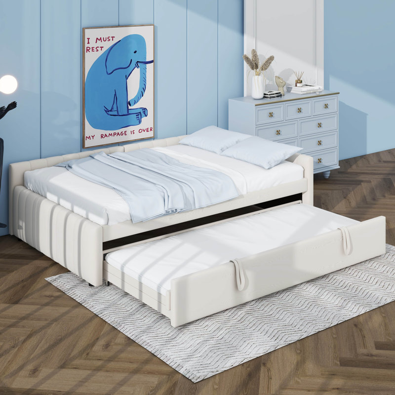 Lit de jour en L pleine grandeur avec lit gigogne escamotable, Beige