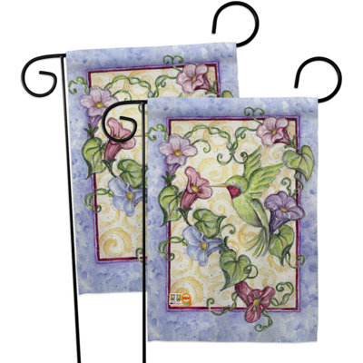 Hummingbird avec des fleurs en polyester de 2 côtés de couleur trompette 19 po x 13 po drapeau de jardin