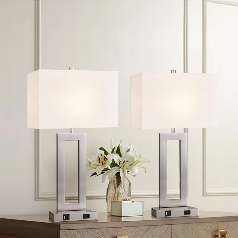 Lampe de table à commande tactile 22 "à intensité variable avec deux ports USB, Nickel brossé, Blanc