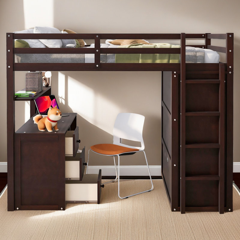 Lit mezzanine avec tiroirs, bureau et garde-robe, Lit double, Espresso