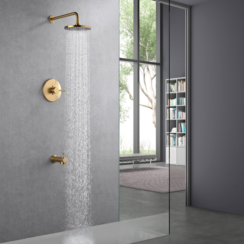 Système de douche de la collection Kree: pomme de douche ronde de 8 po, ensemble de poignées simples, bec de baignoire et soupape brute incluse - or brossé