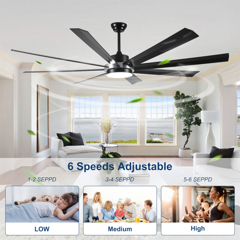 Ventilateur de plafond industriel 72 pouces à courant continu avec lumière, grand ventilateur de plafond avec 8 pales réversibles, 3 tiges verticales, télécommande à 6 vitesses, ventilateurs de plafond pour la maison ou le garage