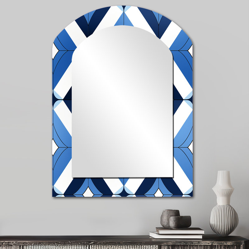 Roeper Minimalist White And Blue Polygons Geometric - Geometric Asymmetrical Large Wall Mirror, Modern Arch Unique Mirror, Printed Metal Art