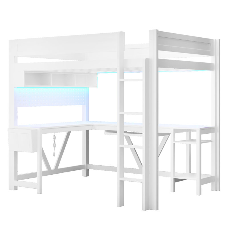 Full-Size Wood Gaming Loft Bed with Desk, Storage Shelves, LED Light & USB Charging Station, White, White