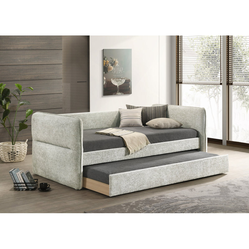 1Pc Daybed Pull Out Trundle Button Tufted Nailhead Trim Bedroom Living Room Furniture, Light Gray