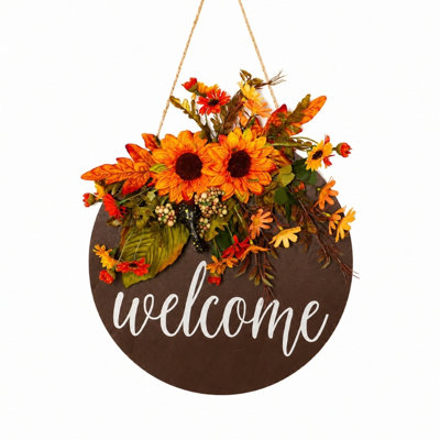 Panneau d'automne en forme de tournesol - porte d'entrée en bois 13,78 po avec tournesols artificiels et baies, récolte murale d'automne