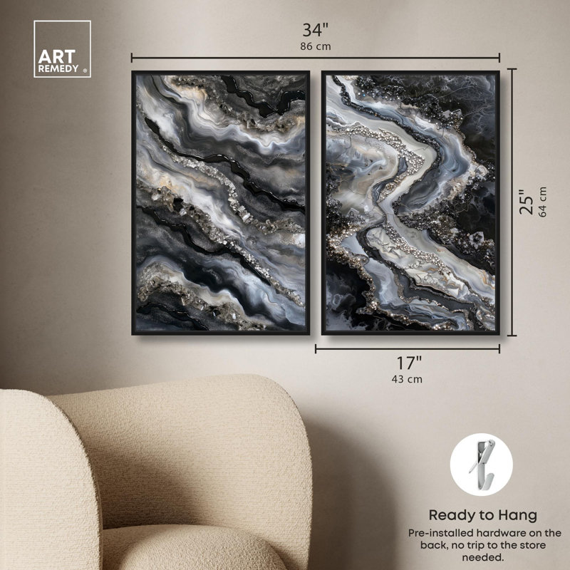 Ethereal Bloom Duo Canvas Print Geode Wall Decor Set by Art Remedy, Black Frame, 10 x 15, H 25 po x l 17 po, Structure noire