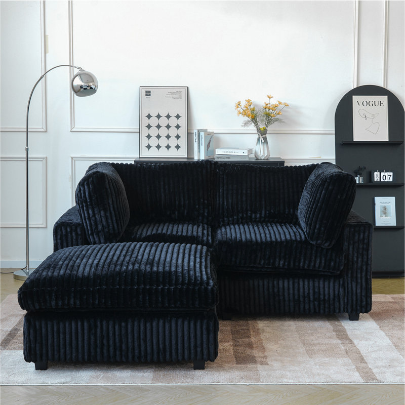 3 - Piece Upholstered Sectional, Black Faux Fur