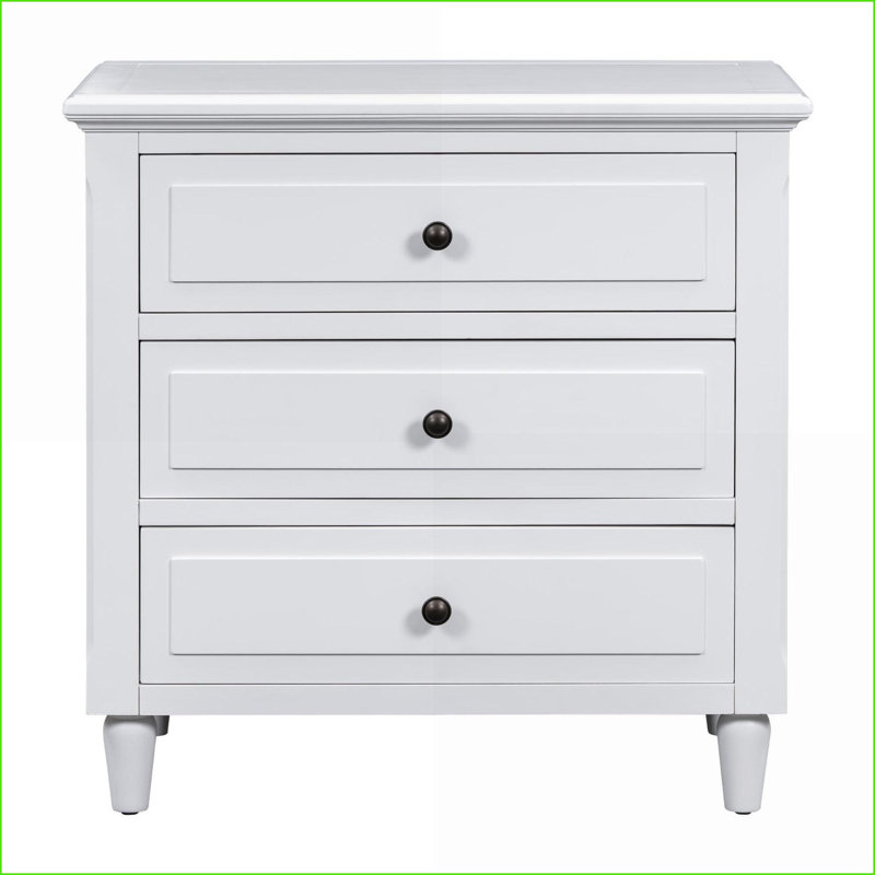 U_STYLE Table de chevet moderne à 3 tiroirs avec pieds en bois d'hévéa 28 po, Blanc